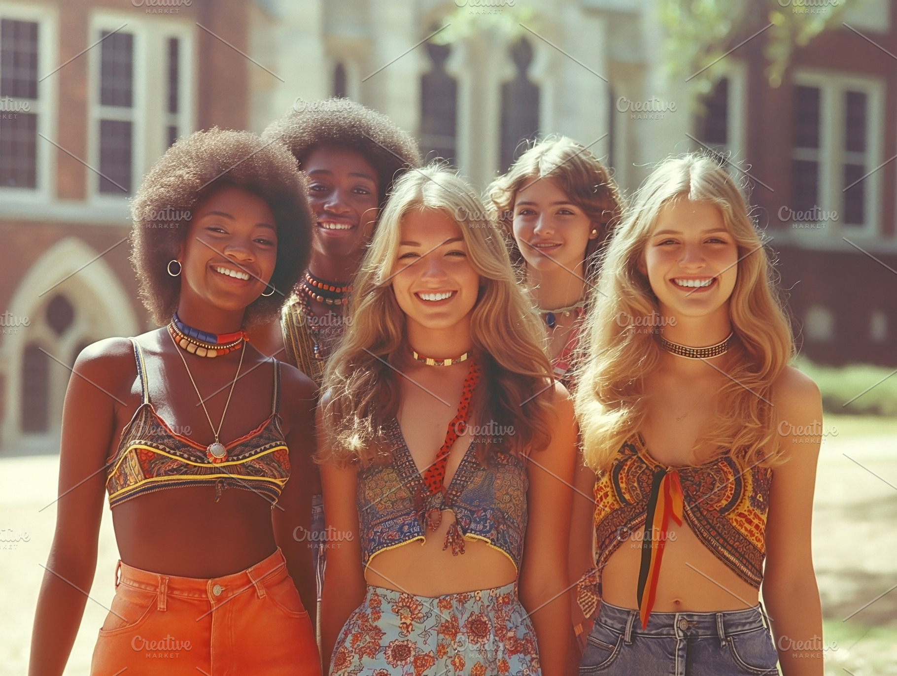 A vibrant group of five young women of diverse ethnic backgrounds, smiling in s, a Person Photo by ImageMir