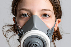 Girl with brown hair wearing large gray respirator mask, a Person Photo by GoodGoods