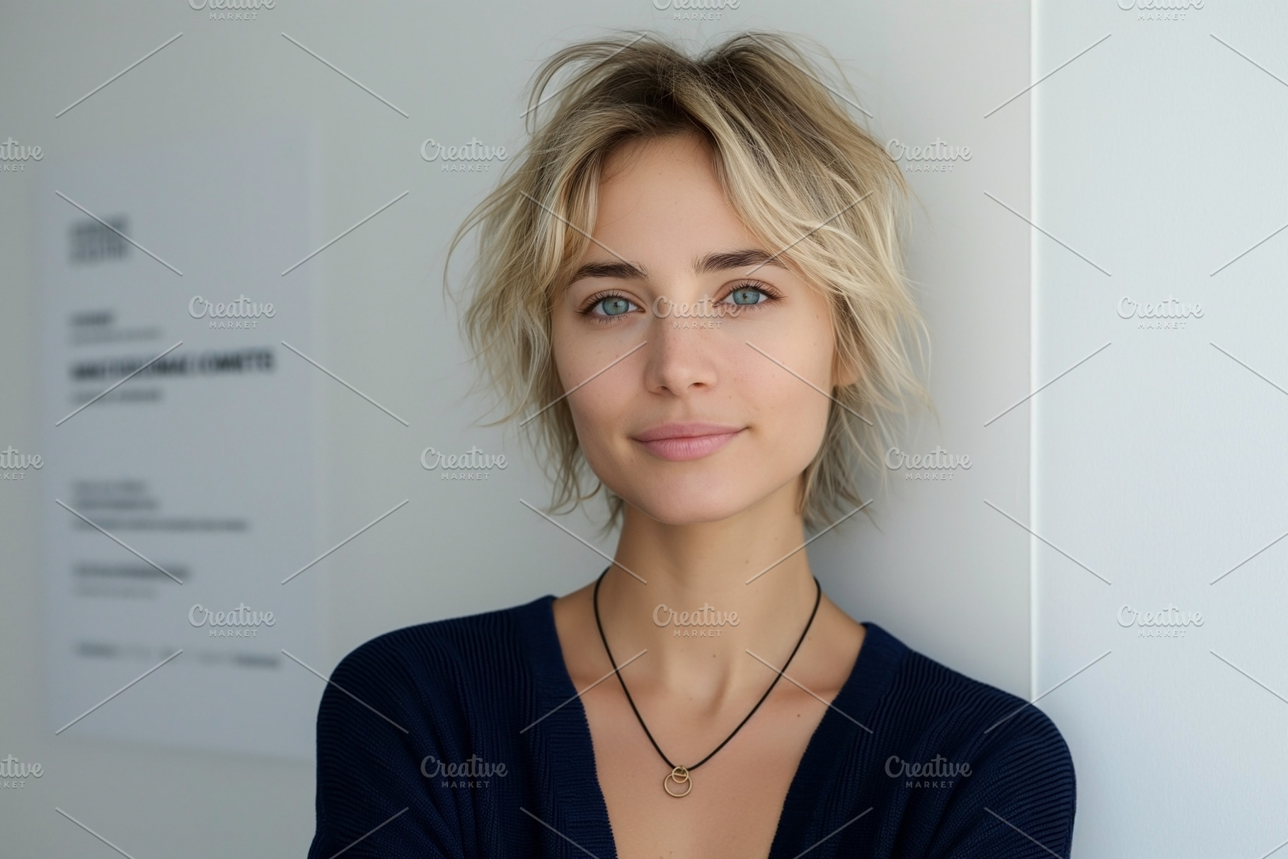 A young Caucasian woman with short blonde hair and blue eyes smiles softly, exu, a Person Photo by ImageMir