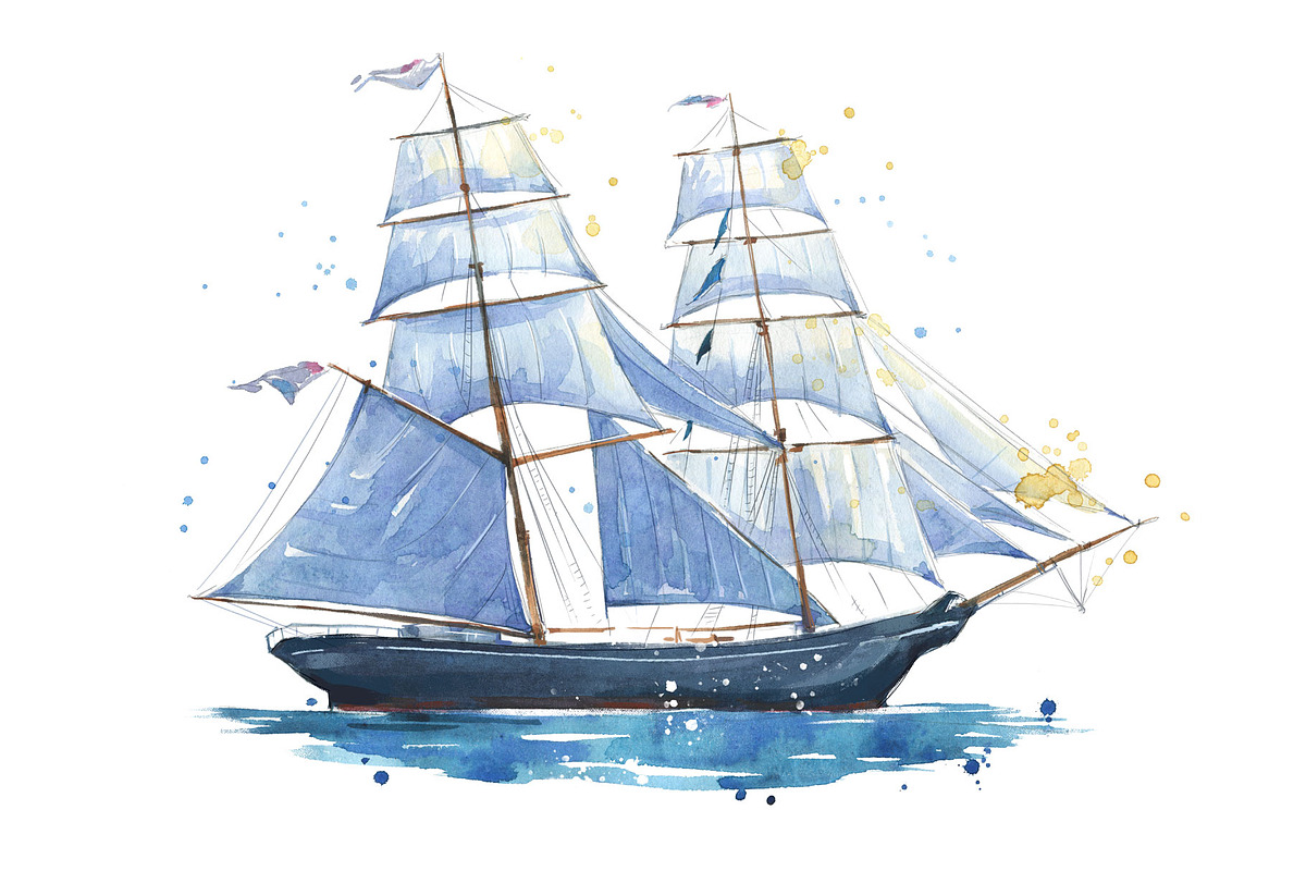 Sailing ship watercolor illustration, an Illustration by Kamenuka