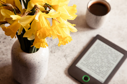 Modern ebook reader,  daffodils flowers on background. Top view,, a Beauty & Fashion Photo by Ivanna