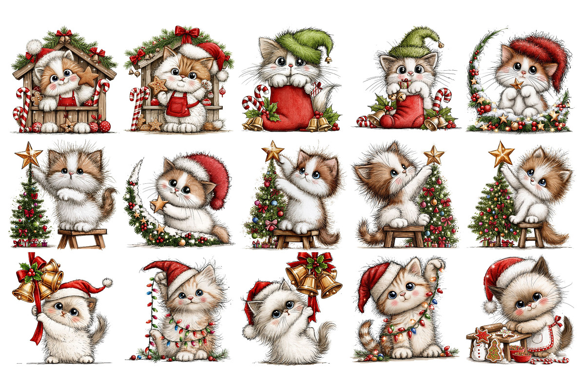 Whimsical Christmas Cats Clipart, a Seasonal Illustration by Nicolle's Colorful Art (Photo 5 of 6)