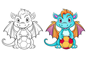 Cartoon dragon holding a soccer ball, an Animal Illustration by Ghagra