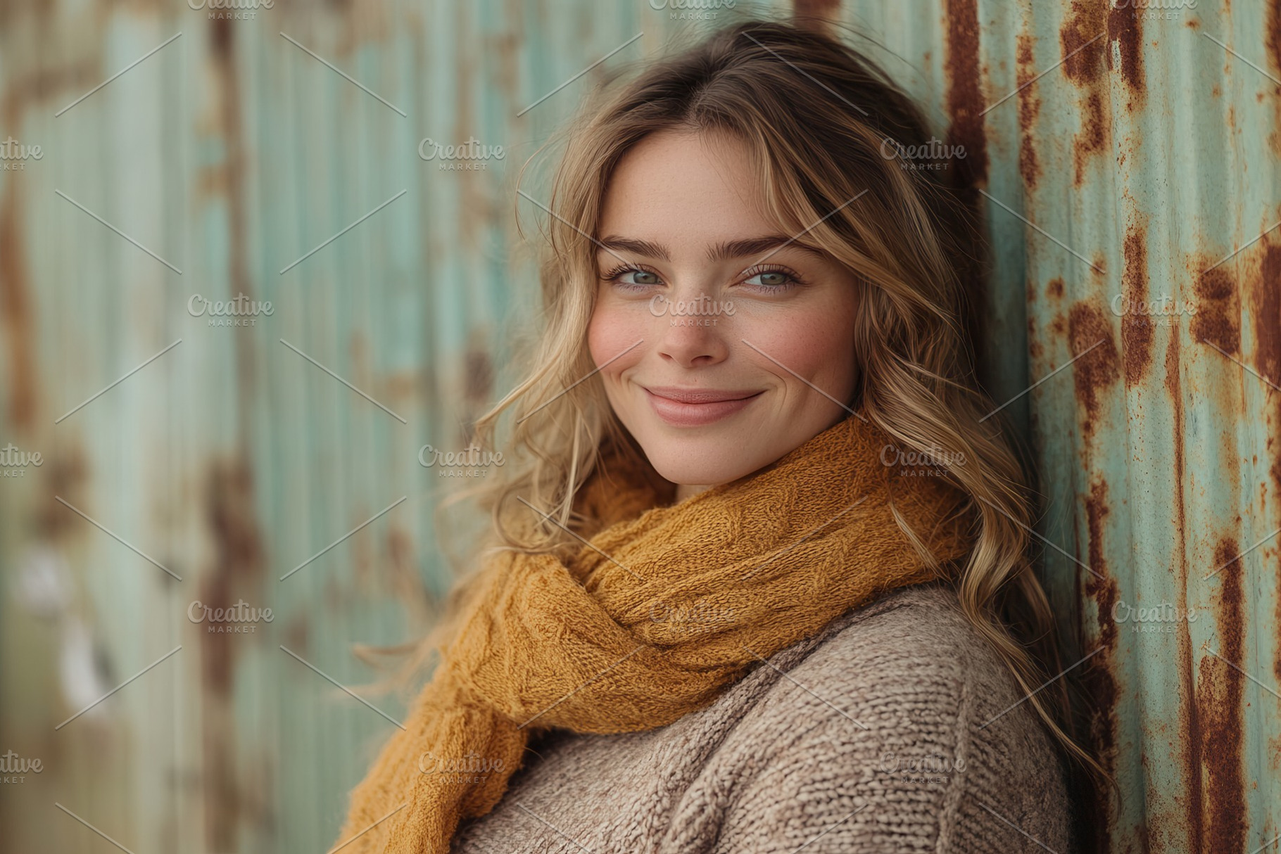 Smiling woman with wavy hair poses a, a Photo by Tanuart