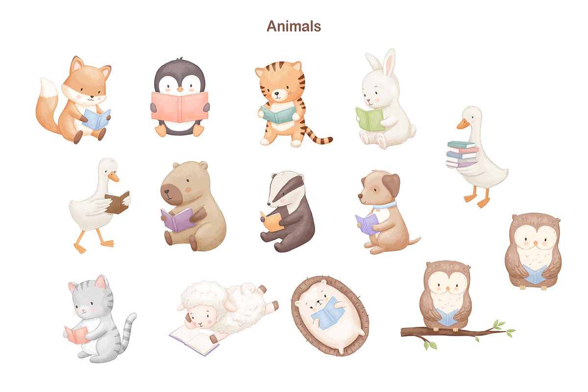 Reading Animals Watercolor Clipart, an Animal Illustration by ElenaPlatovaArt (Photo 3 of 22)