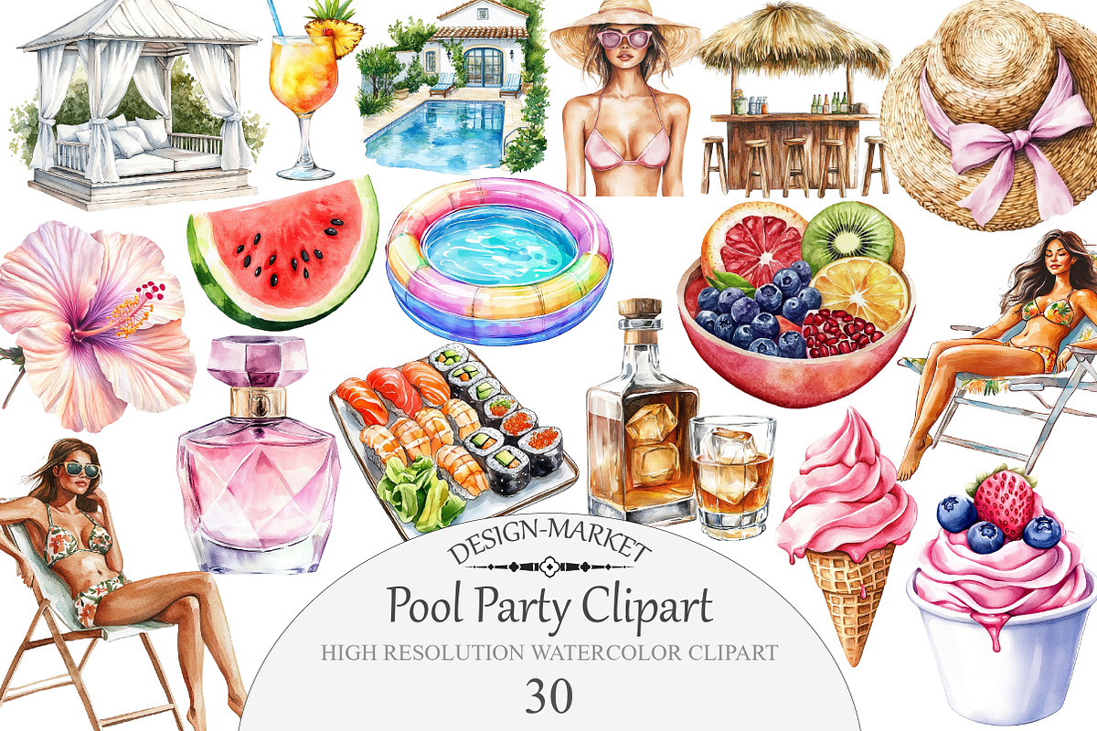 Watercolor Pool Party Clipart, an Illustration by Design Market (Photo 1 of 4)