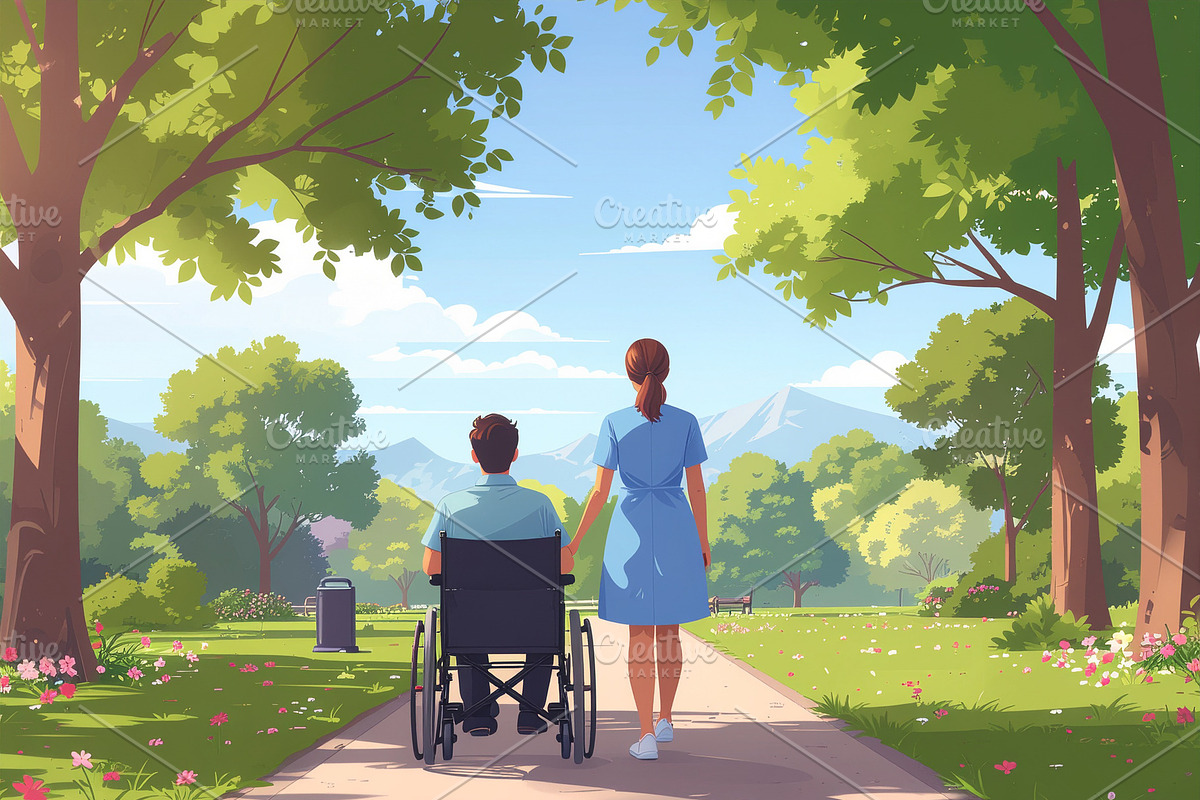 Caregiver walking with patient in wheelchair outdoors, a Healthcare Illustration by DanFLCreativo