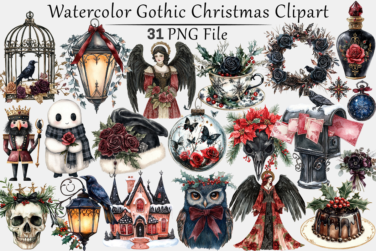 Watercolor Gothic Christmas Clipart, a Seasonal Illustration by CitraGraphics (Photo 1 of 7)