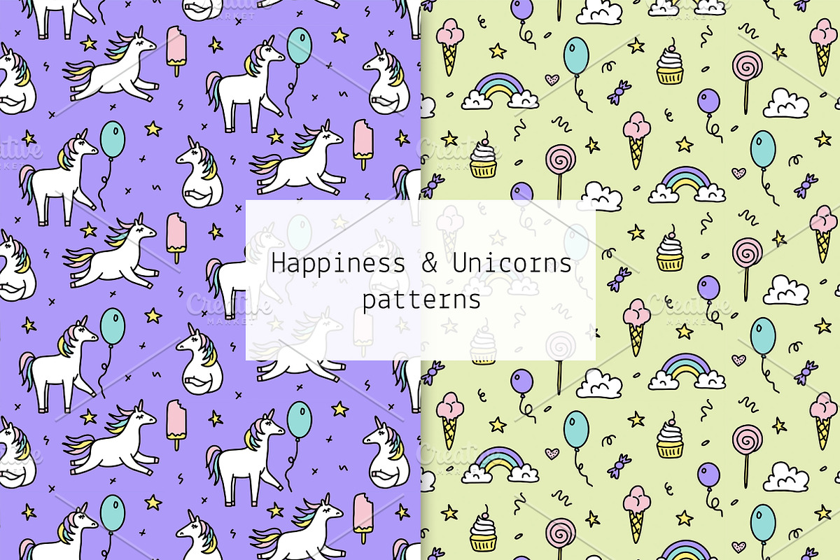 Happiness & Unicorns patterns, a Pattern Graphic by Lyolya Profitrolya (Photo 1 of 3)