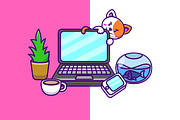 Cute Cat Sitting On Laptop with Coff, a Technology Illustration by Artstorystudio (Thumbnail 2 of 3)