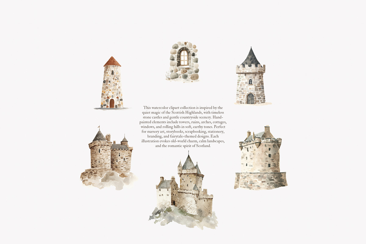 watercolor castles clipart set, a Decorative Illustration by Patishop Art (Photo 5 of 6)
