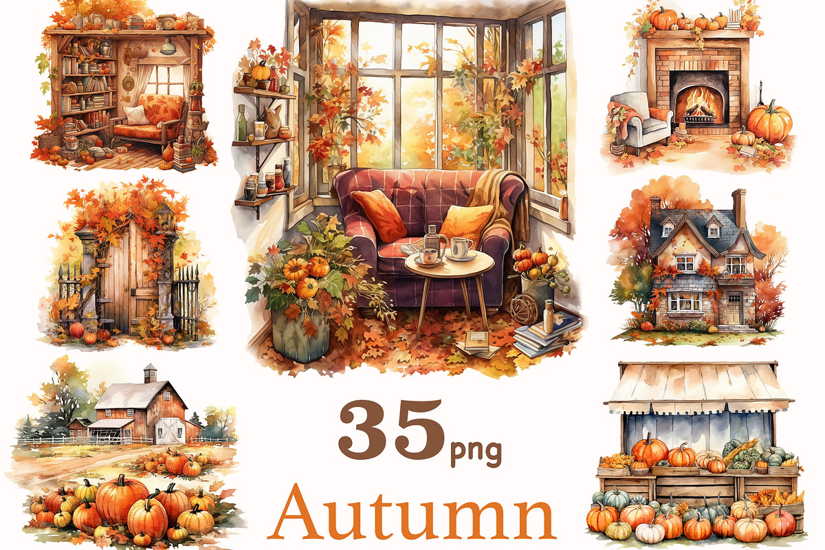 Autumn Scenes Clipart | Fall Bundle, a Seasonal Illustration by GlamArtZhanna (Photo 1 of 5)