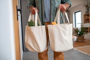 Receiving grocery delivery from a courier at home in the afternoon, a Food & Drink Photo by AlyaAnd