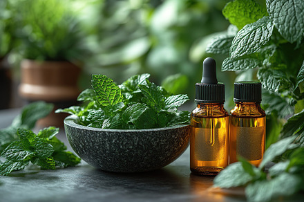 Small bottle of mint essential oil with mint leaves in mortar, a Nature Photo by AlyaAnd