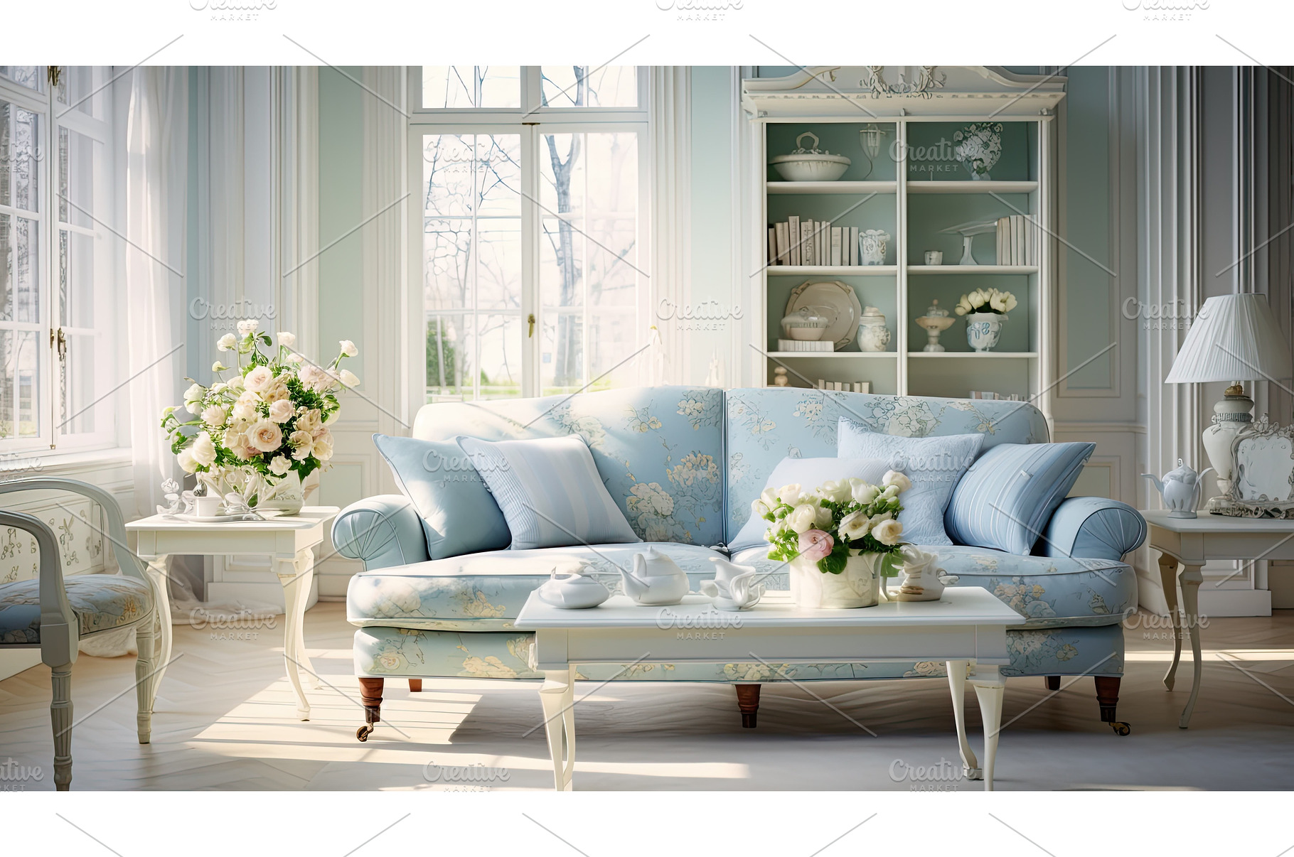 vintage light blue living room ai, a Background Photo by pikepicture