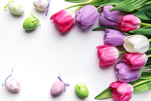 Colorful easter eggs and tulips creating spring border, a Holiday Photo by Olena Rudo