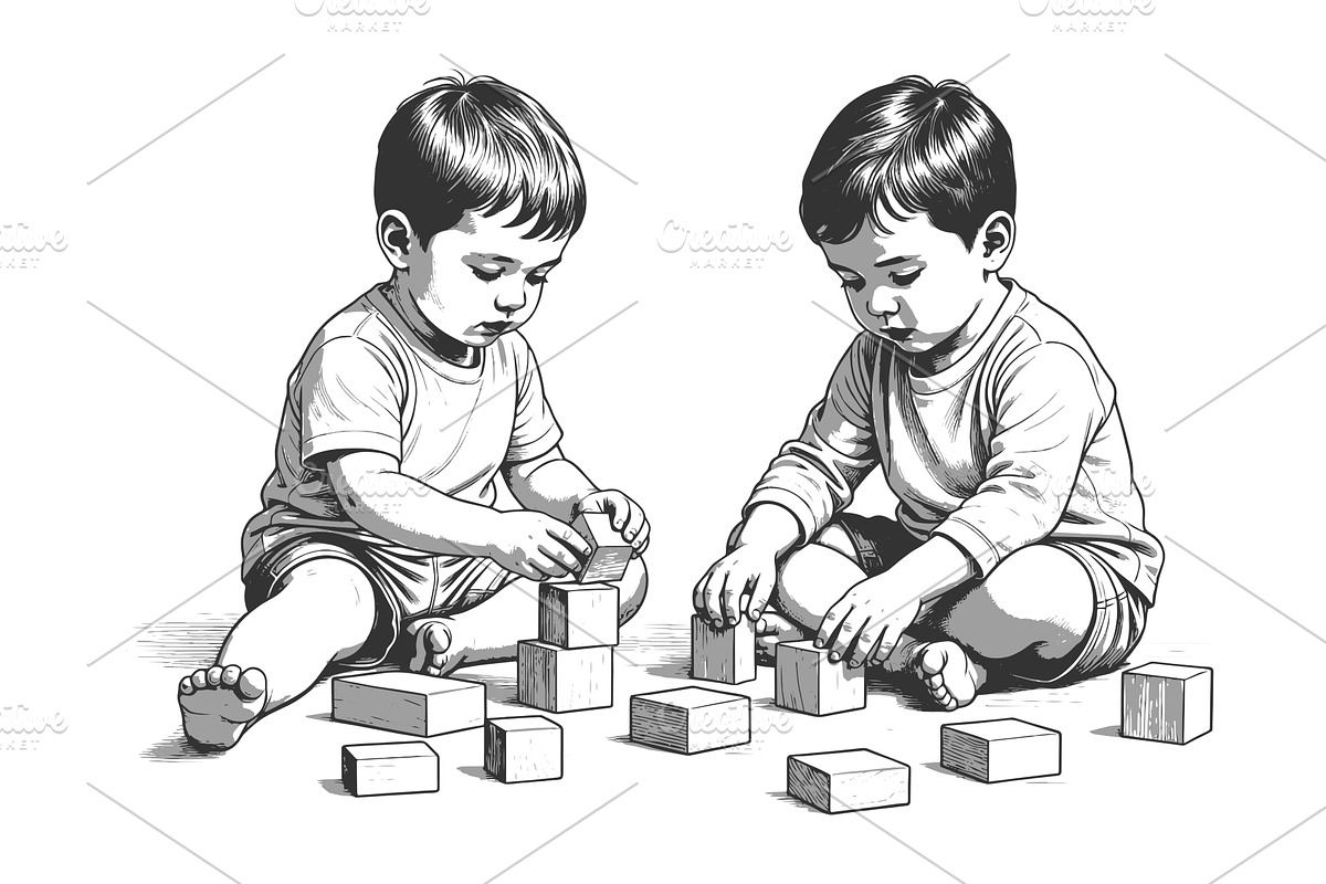 Two Toddlers Playing with Wooden, a Person Illustration by AlexArt