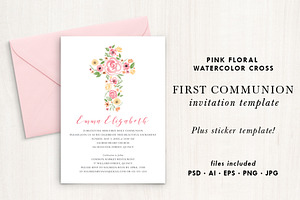 Watercolor Pink Floral Cross Invite
