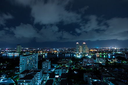Bangkok city at night containing skyline, architecture, and cityscape, an Architecture Photo by a454