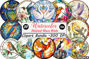 Round Stained Glass Birds Clipart, an Illustration by DreamCafeArt