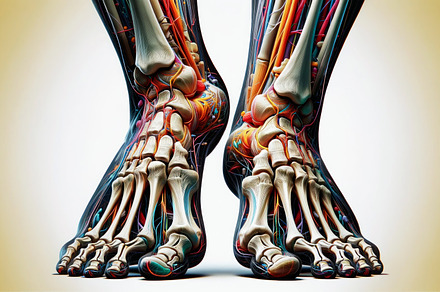 Feets bone model over a yellow backg, a Health & Medical Photo by angellodeco
