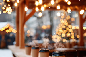 Cozy outdoor coffee scene with festive lights, a Food & Drink Photo by AlyaAnd