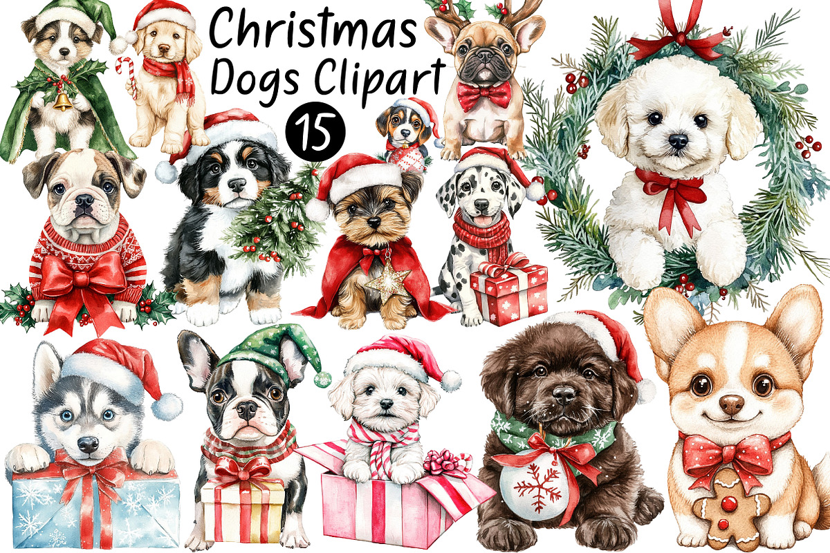 Cute Christmas Dogs Clipart, a Seasonal Illustration by CitraGraphics (Photo 1 of 5)