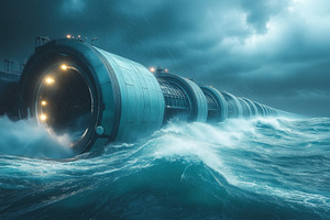 A futuristic underwater structure emerges from turbulent ocean waves under a st, a Technology Illustration by Textures & Backgrounds