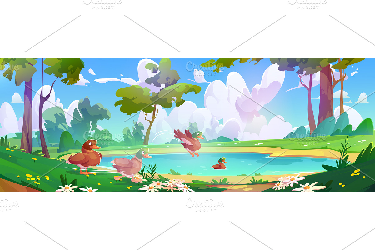 Lake with duck family in forest, an Animal Illustration by art PVP - market