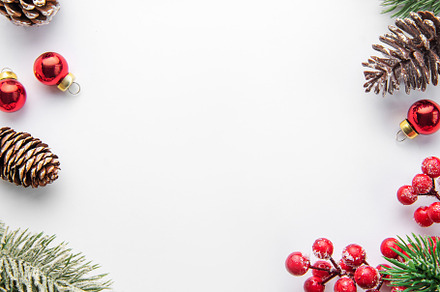 Christmas background with fir tree and decor. Top view with copy, a Holiday Photo by Olena Rudo