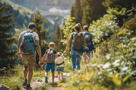 A family walks hand in hand along a, a Photo by Tanuart