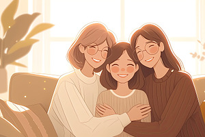 Three women smiling warmly together in a cozy indoor family scene, an Illustration by AS photostudio