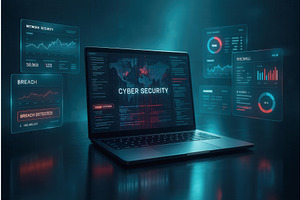 A laptop displaying cybersecurity, an Object Illustration by Sergey Kotenev
