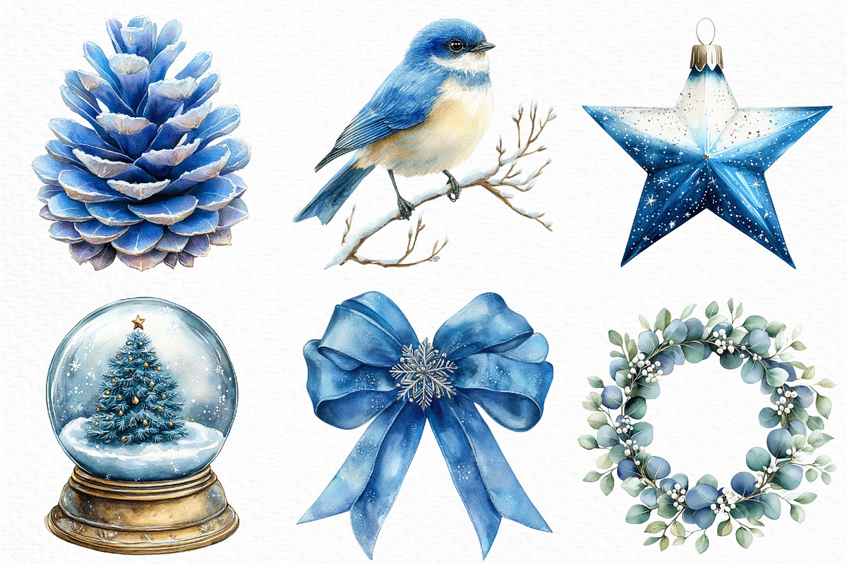 Watercolor Blue Christmas Clipart, an Illustration by Craft Nest (Photo 4 of 6)