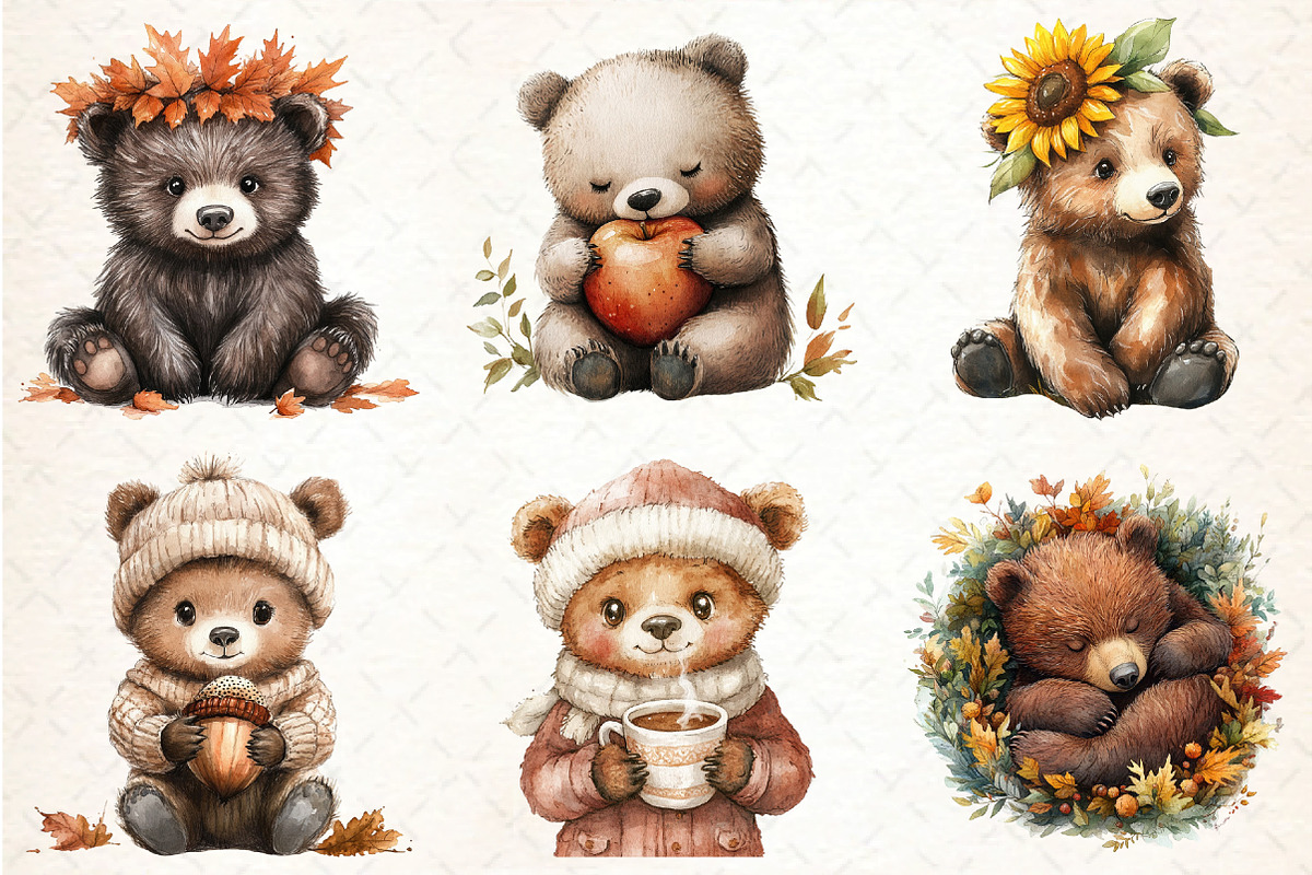 Watercolor Autumn Bear Clipart, an Illustration by DreamCafeArt (Photo 3 of 9)