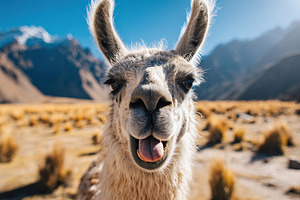 Llama playfully sticking its tongue out at the camera in a scenic mountain land, an Animal Photo by AlyaAnd