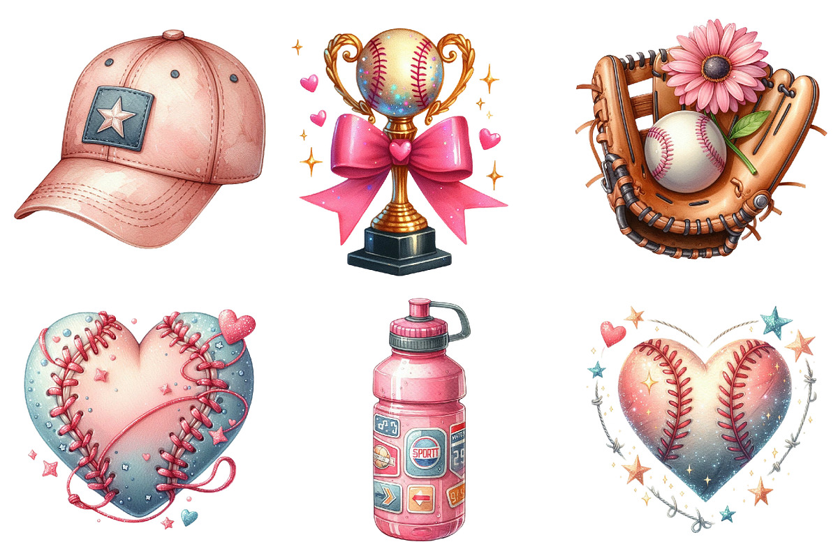 Retro Girly Baseball png Clipart, an Illustration by Watercolor design (Photo 2 of 4)