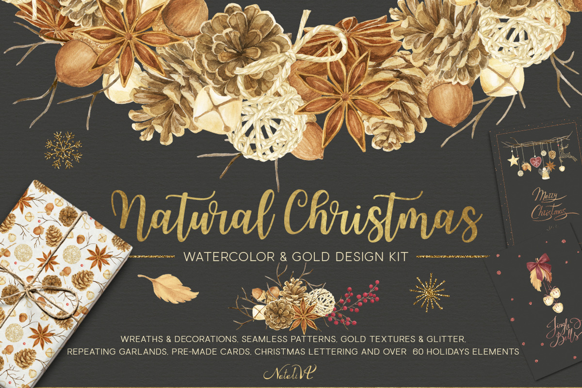 Natural Christmas. Watercolor & Gold, a Decorative Illustration by NataliVA (Photo 1 of 8)