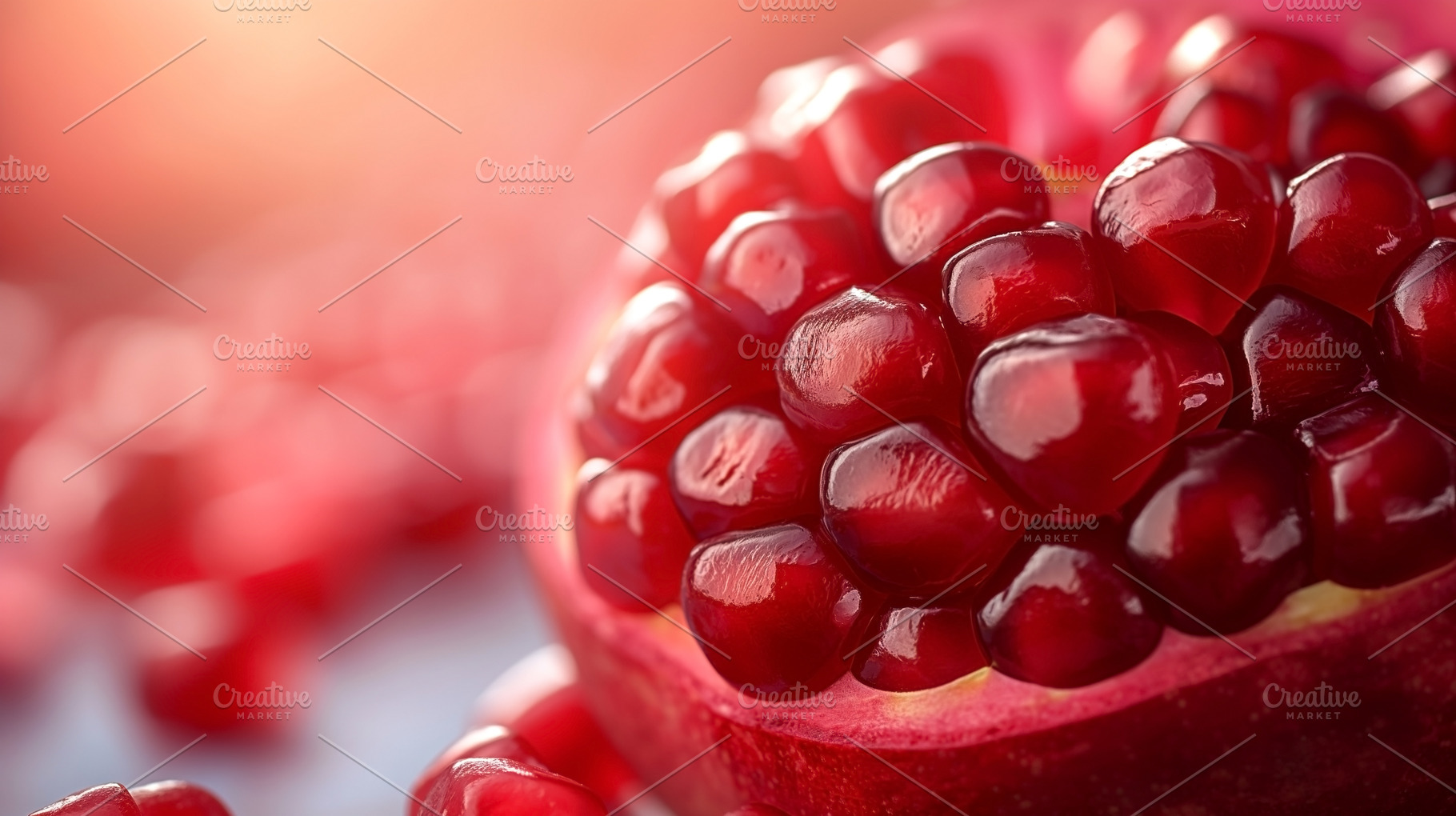 Close-up of vibrant red pomegranate seeds glistening under soft, a Food & Drink Photo by ImageMir