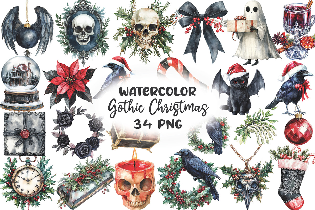 Gothic Christmas Watercolor Clipart, an Illustration by CraftArtStudio (Photo 1 of 6)