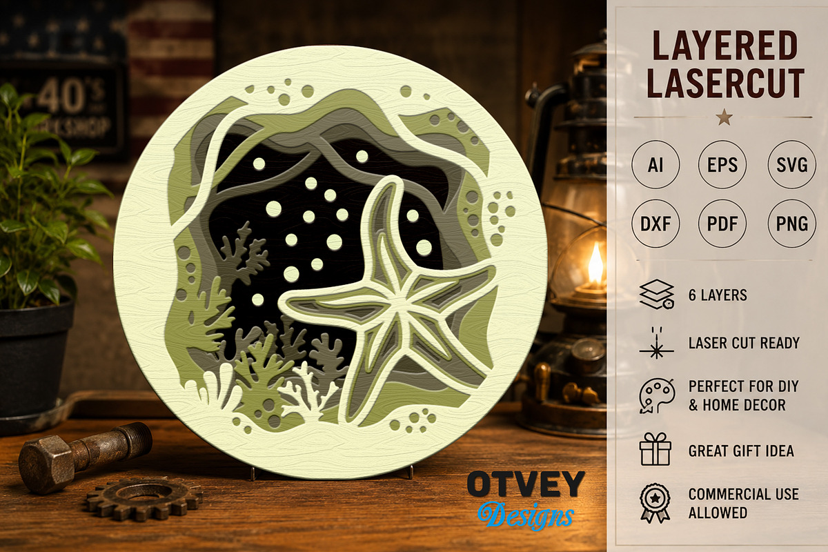 Sea Animals Mandala 3D Layered 6, an Animal Illustration by OTVEY DESIGN (Photo 4 of 7)