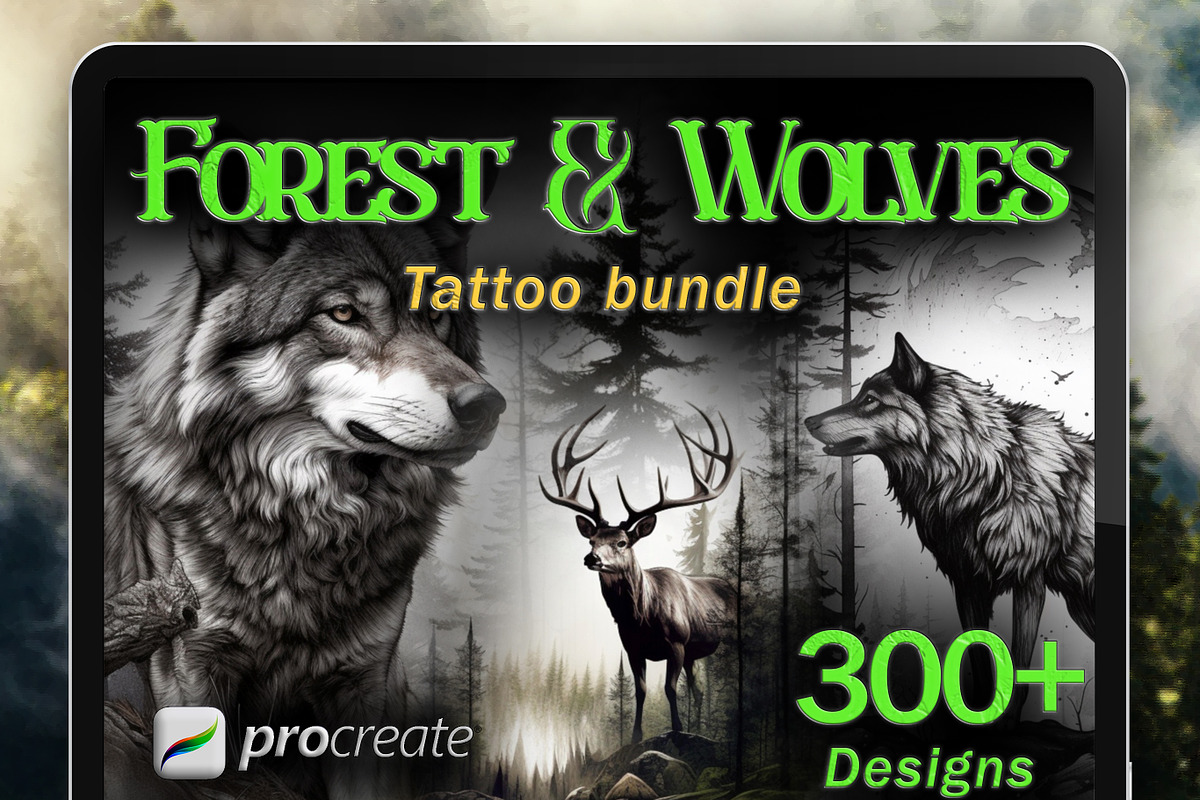 Forest & Wolves tattoo flash bundle, a Brush Add-On by ProcreateInk (Photo 1 of 10)