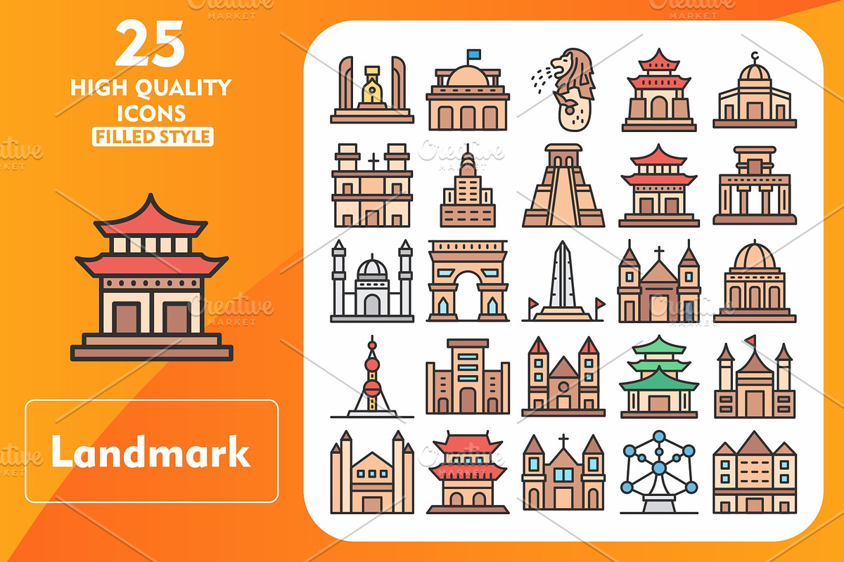 25 Landmark Line Filled Icons, an Icon by Pexelpy