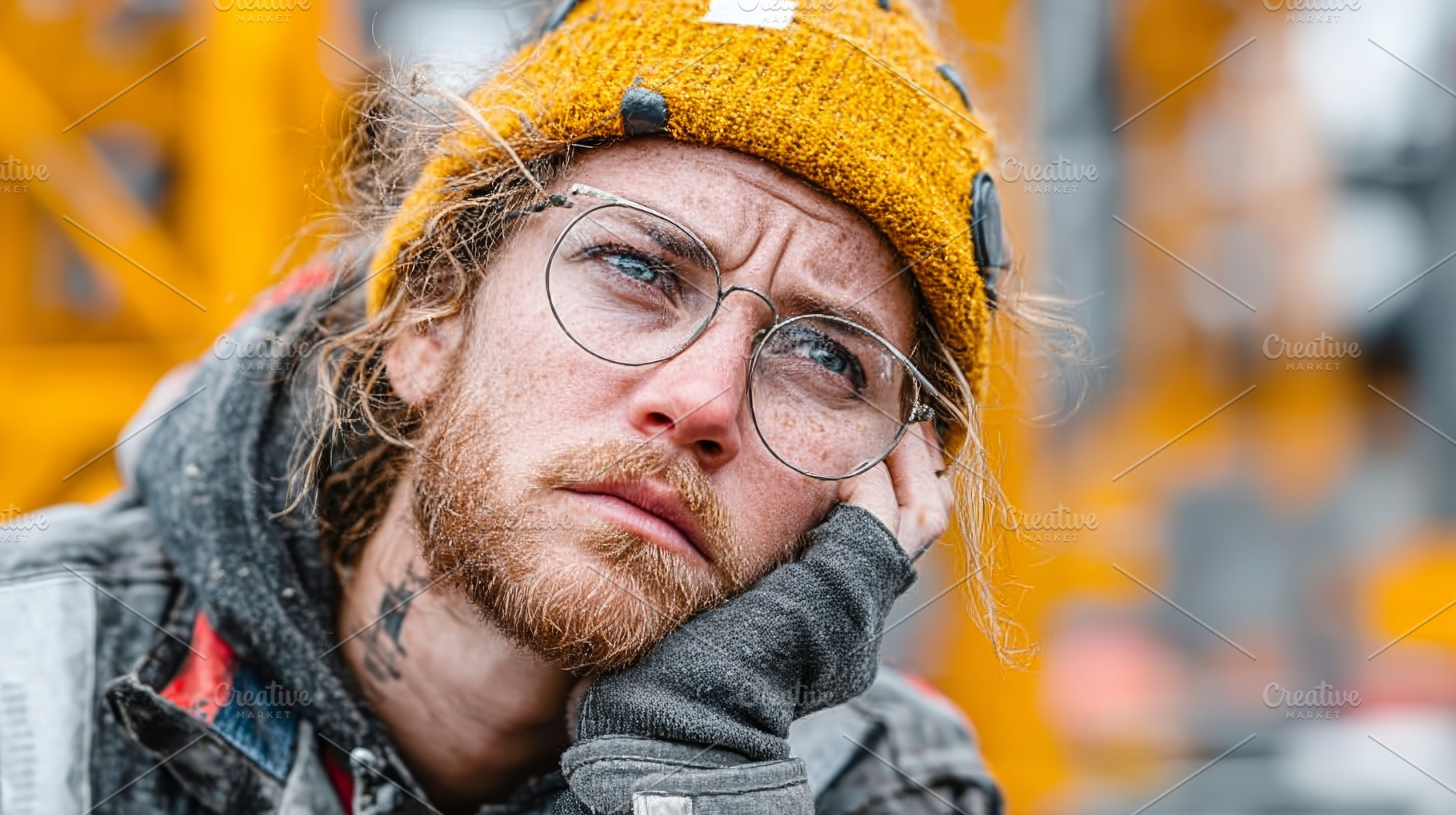 Thoughtful Individual in Outdoor Industrial Scene Wearing Glasses and Yellow Ha, an Industrial Photo by AS photostudio