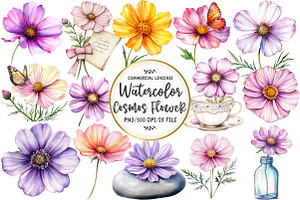 Watercolor Cosmos Flower Clipart, an Illustration by OK Design