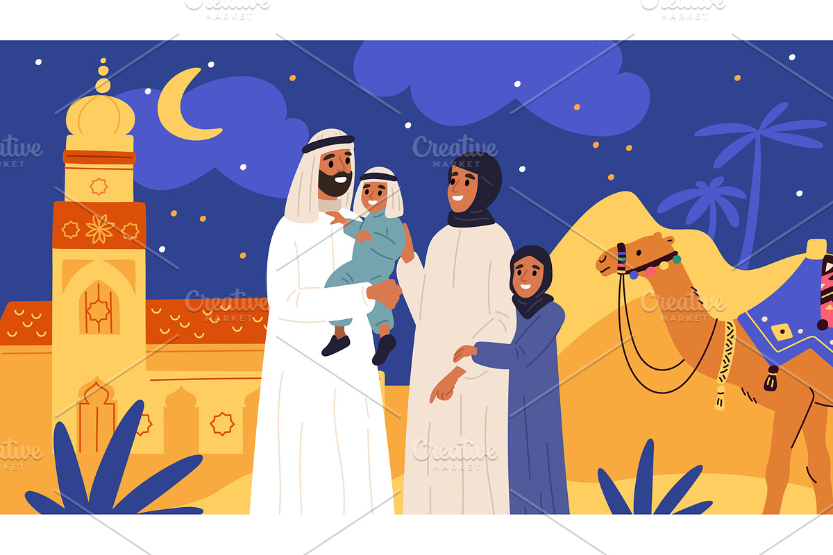 Happy Arab family against backdrop, a Person Illustration by Vectorbuum