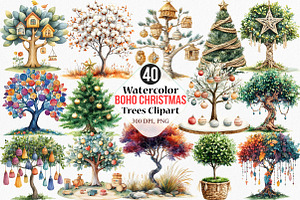 Boho Christmas Trees Clipart, an Illustration by Canvas Craft