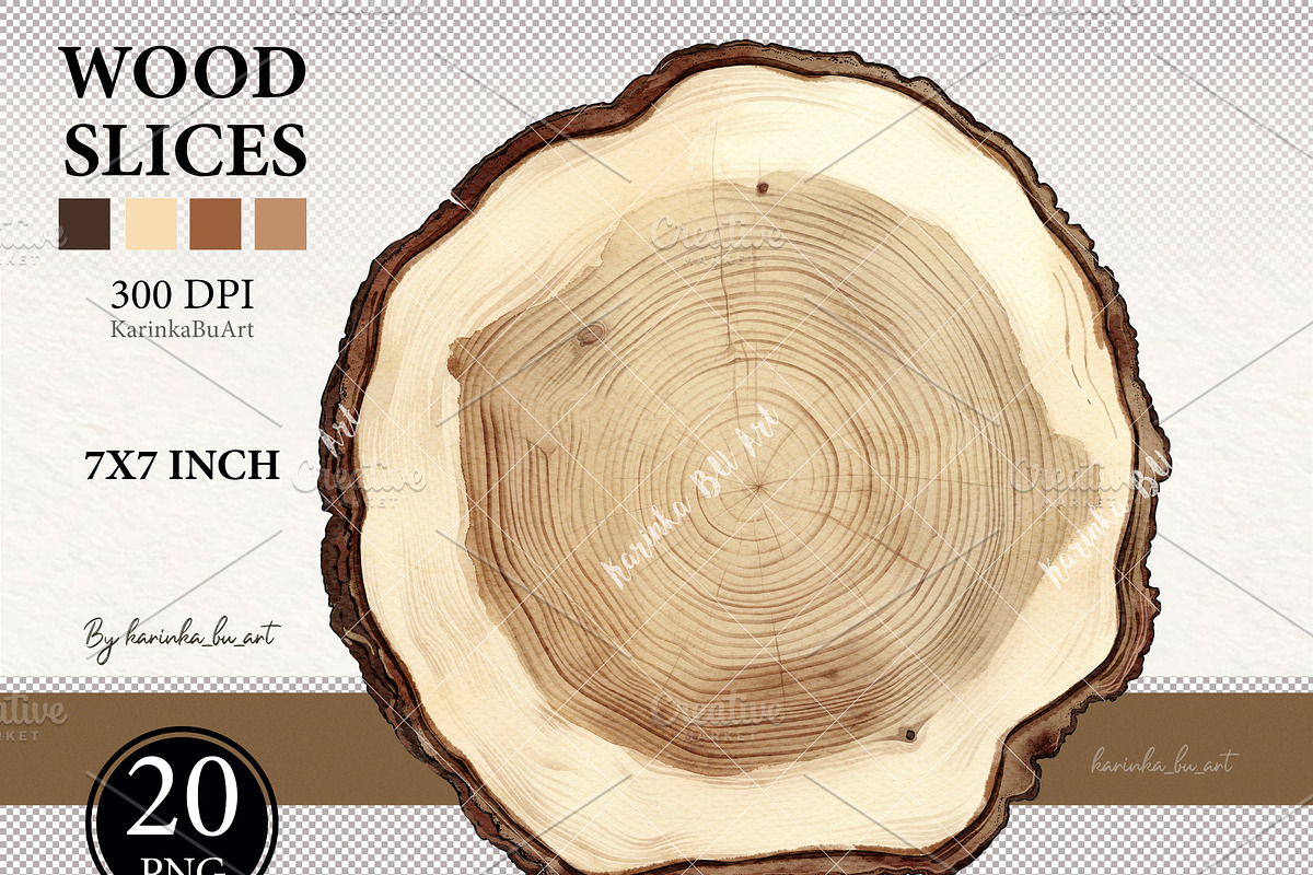20 Wooden slices Watercolor clipart, an Illustration by KarinkaBU (Photo 8 of 9)