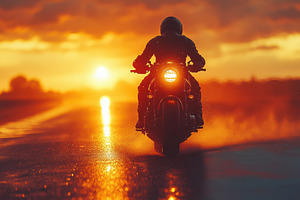 Motorcyclist riding on wet road duri, a Photo by Tanuart