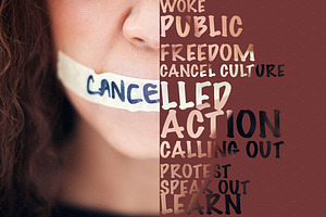 Woman, silence and tape on mouth with words to voice gender based violence, protest or message. Female lips sealed or cancelled in collage, text or letter overlay to fight against political democracy, a Photo by Peopleimages.com
